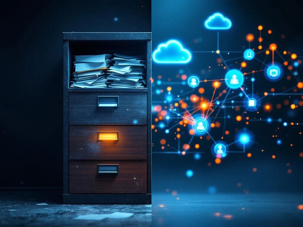 Traditionele dossierkast met papieren documenten naast moderne digitale werkplek met holografische cloud-iconen en datastromen