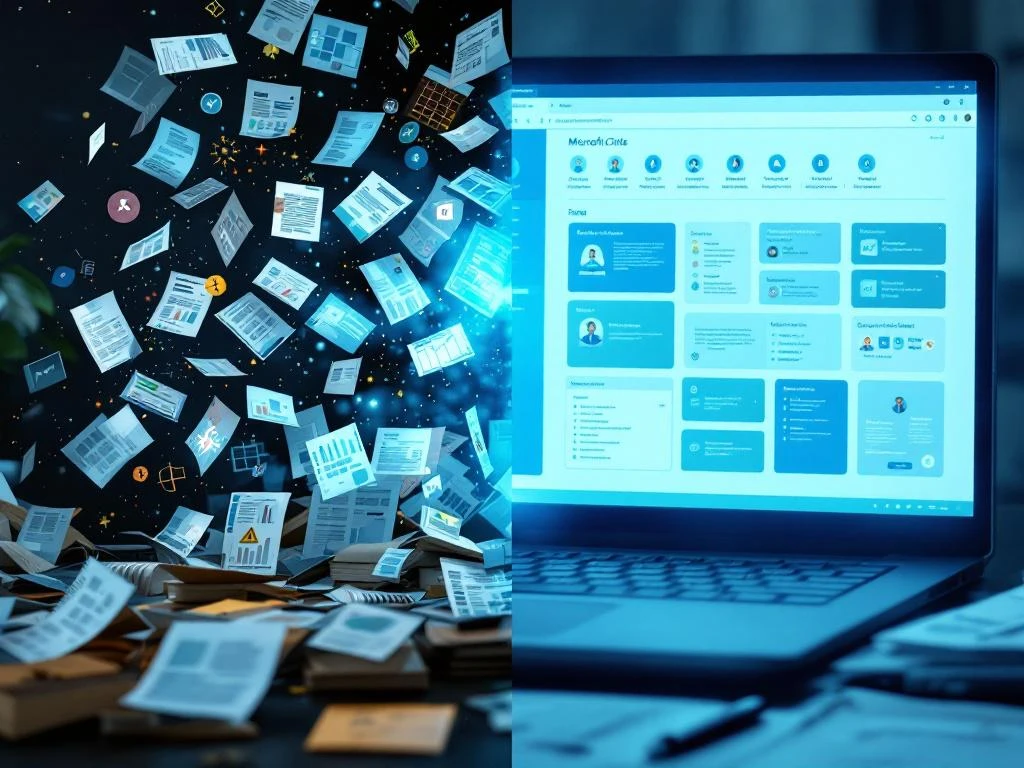 Gesplitst scherm toont rommelige Excel spreadsheet links versus georganiseerde SharePoint interface rechts met teamiconen