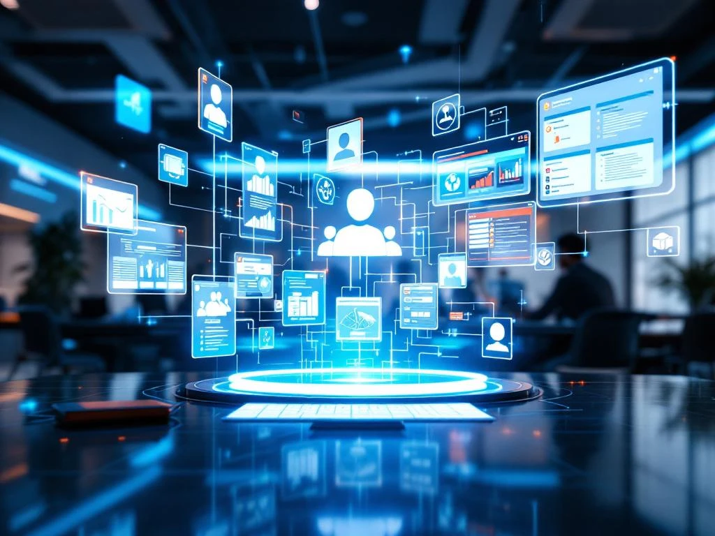 Digitale werkplek met holografische schermen die carrièrepaden en interne vacatures tonen in moderne IT-omgeving