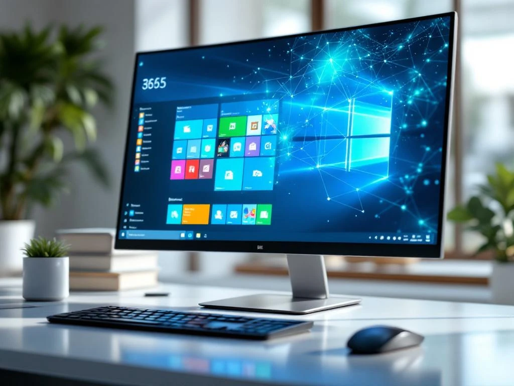 Moderne computermonitor toont kleurrijke Microsoft 365 intranet interface in minimalistisch kantoor met toetsenbord
