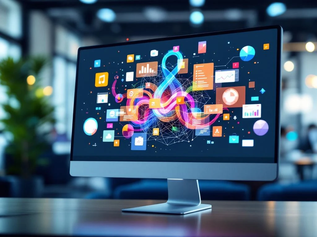 Computer monitor toont kleurrijke digitale interface transformatie met grafieken en data visualisaties in moderne kantooromgeving