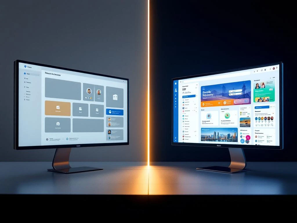 Split-screen vergelijking van basis SharePoint interface links versus moderne Fresh Intranet interface rechts met kleurrijke navigatie