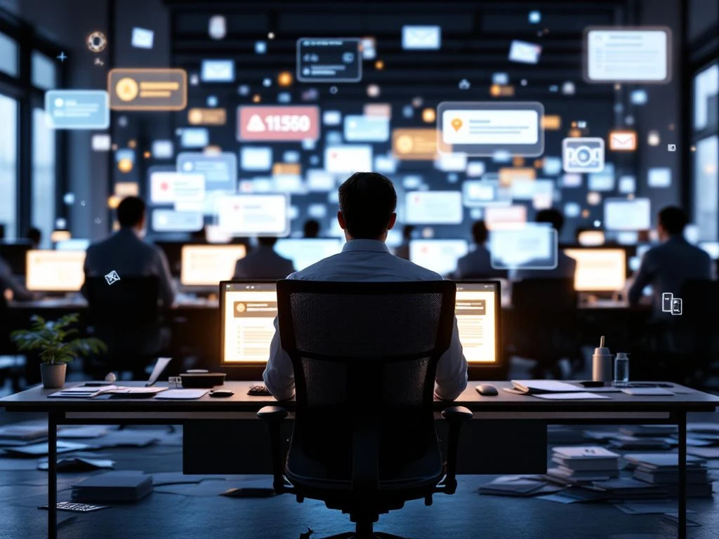 Lege bureaustoelen voor computerschermen met ongelezen e-mails en meldingen in modern kantoor met papieren documenten