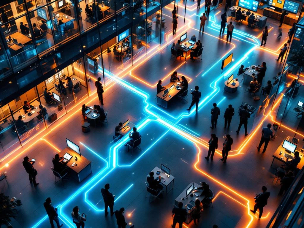 Luchtfoto van modern kantoor met verlichte communicatiepaden die afdelingen verbinden via blauwe en oranje lichtstromen