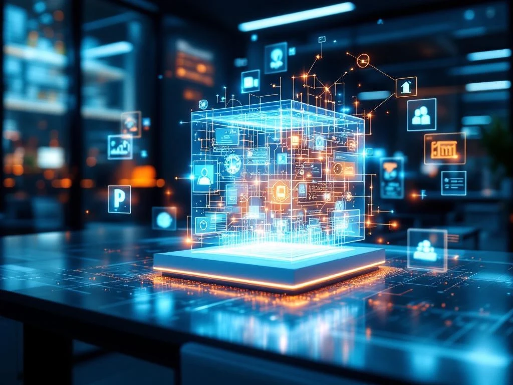 Moderne kantoorwerkplek met holografische Microsoft 365 schermen en SharePoint integratie visualisaties in blauw-oranje kleuren