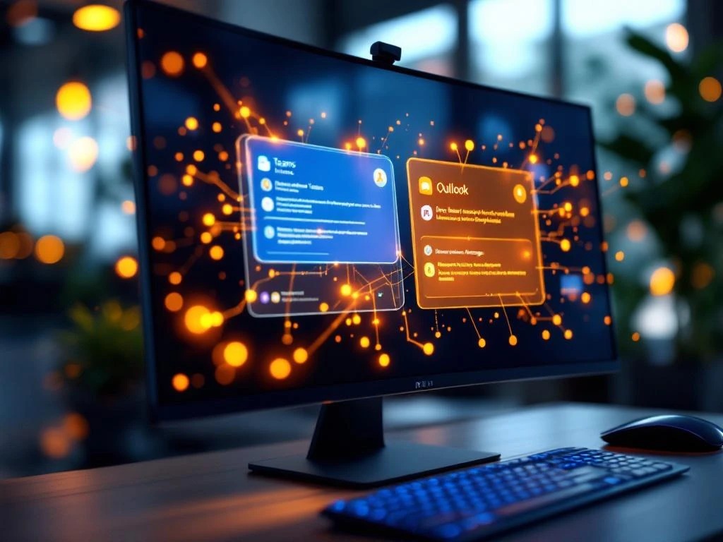 Computermonitor toont Microsoft Teams en Outlook interfaces met blauwe en oranje meldingspictogrammen, toetsenbord zichtbaar
