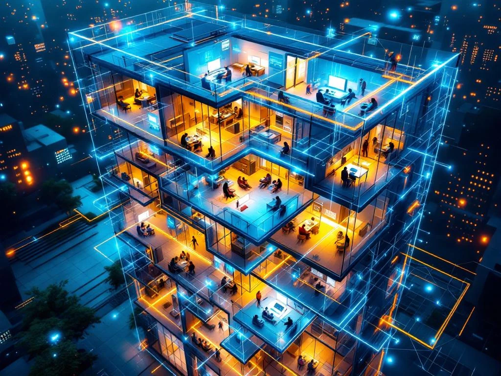 Luchtfoto van modern kantoorgebouw met doorsnede, digitale datastromen in blauw en oranje tussen afdelingen