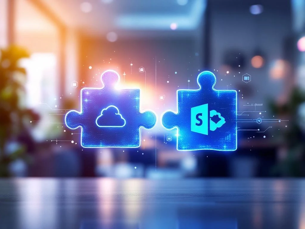 Twee digitale puzzelstukjes die verbinden, één in OneDrive blauw en één in SharePoint blauw-paars, zwevend in kantooromgeving