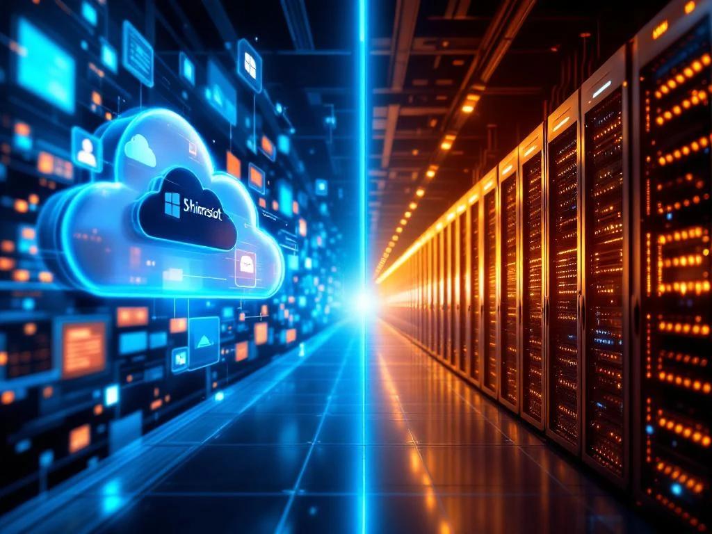Split-screen vergelijking van SharePoint cloud-interface links en on-premises serverruimte rechts met netwerkverbindingen