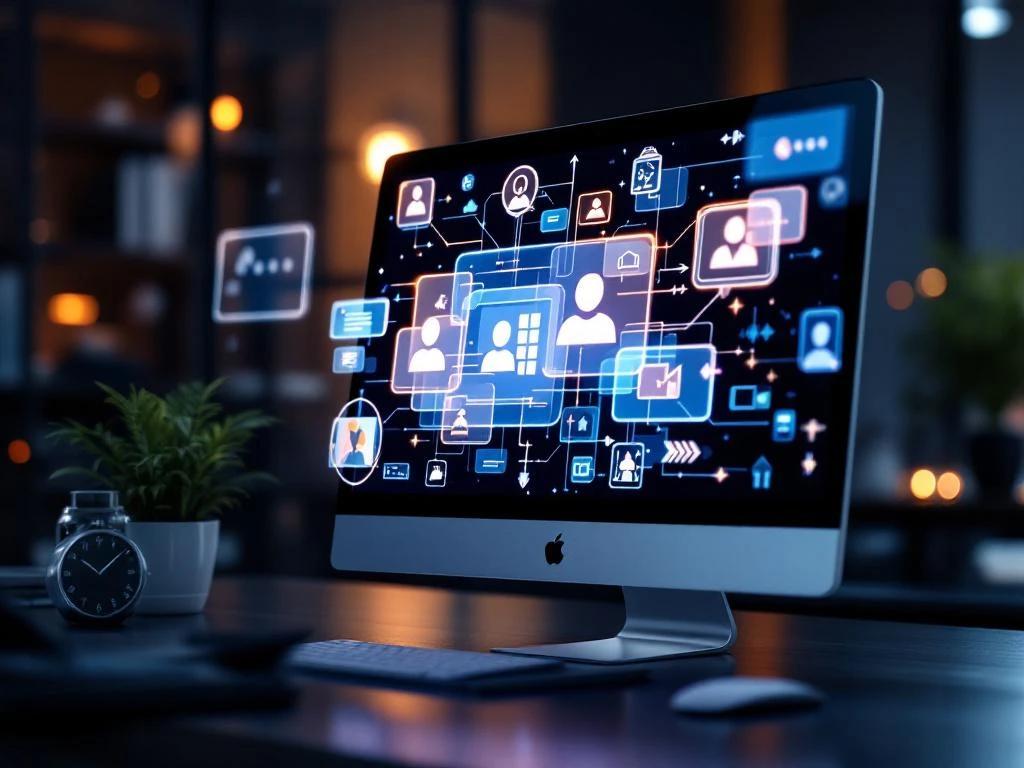 Computerscherm met SharePoint communicatie-interface en zwevende 3D pictogrammen voor chat, video en documenten delen