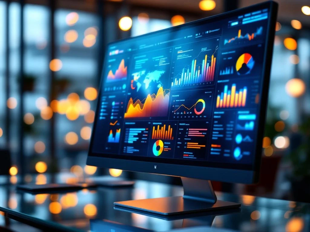 Computermonitor toont kleurrijke SharePoint dashboard met grafieken en data-analyses op moderne glazen bureau