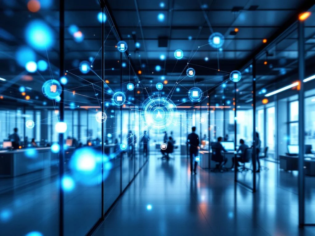 Holografische netwerkverbindingen zweven in modern kantoorgebouw, SharePoint digitale werkplek technologie visualisatie