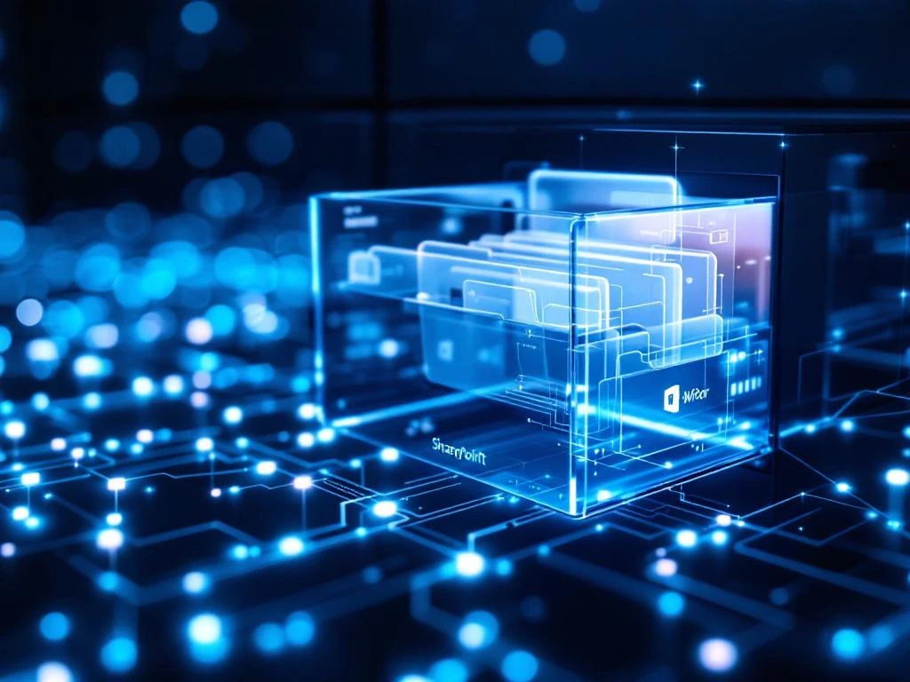Moderne digitale archiefkast met blauwe lichtgevende laden boven cloud-opslagnetwerk met SharePoint-interface