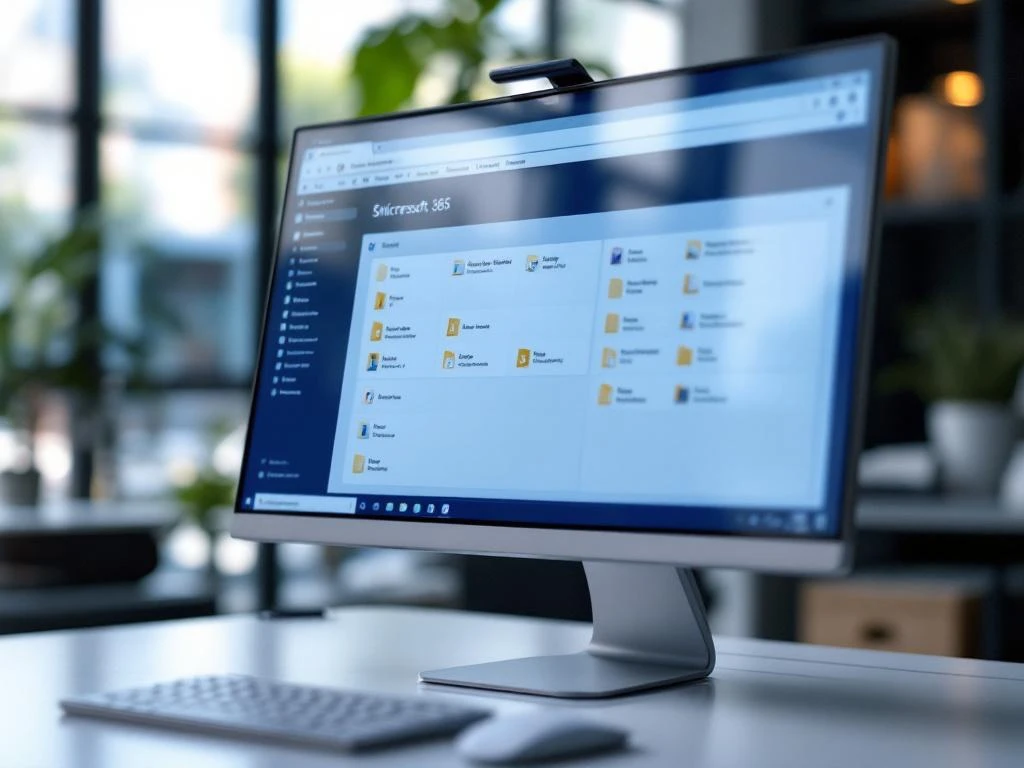 Computer scherm toont SharePoint interface met blauwe en witte design elementen en documentenbibliotheek op moderne werkplek