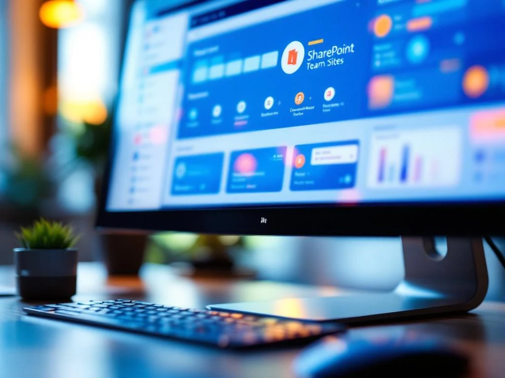 Computermonitor toont SharePoint intranet dashboard met documentbibliotheken, teamsites en navigatiemenu's in blauw-wit design