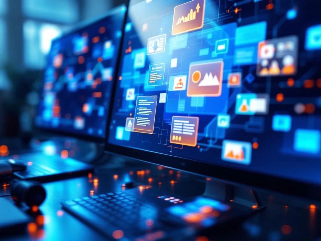 Computer scherm met SharePoint interface-elementen in 3D ruimte, blauwe en oranje accenten, Microsoft 365 intranet componenten