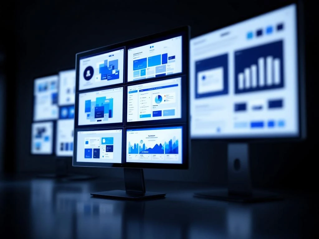 Moderne SharePoint intranet templates op digitale schermen in grid-indeling met blauwe Microsoft interface ontwerpen