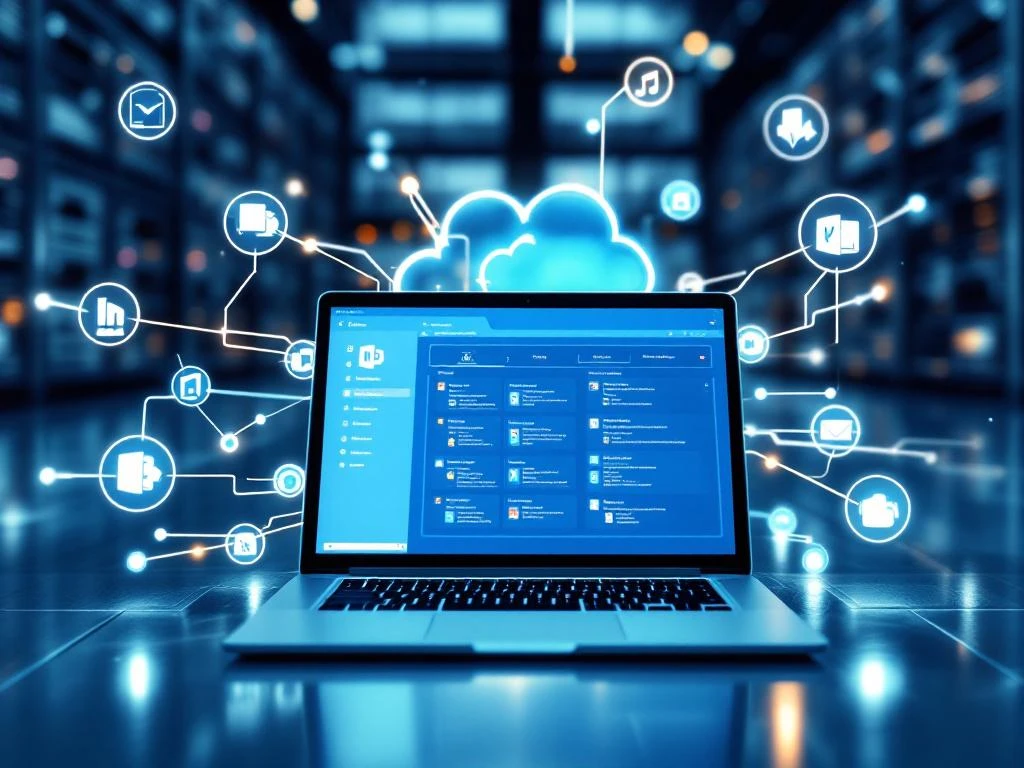 Laptop met SharePoint interface toont migratie van traditionele bestandskasten naar cloud servers met blauwe datastromen