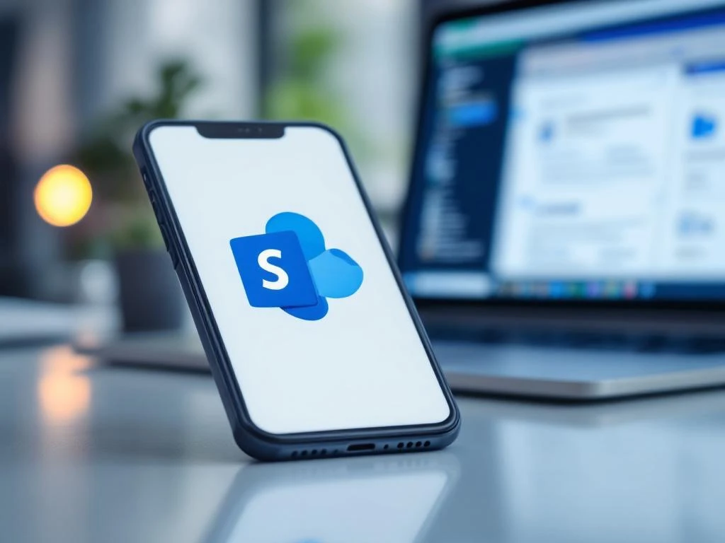 Smartphone met SharePoint mobiele app interface op kantoorbureau naast laptop met SharePoint bestanden