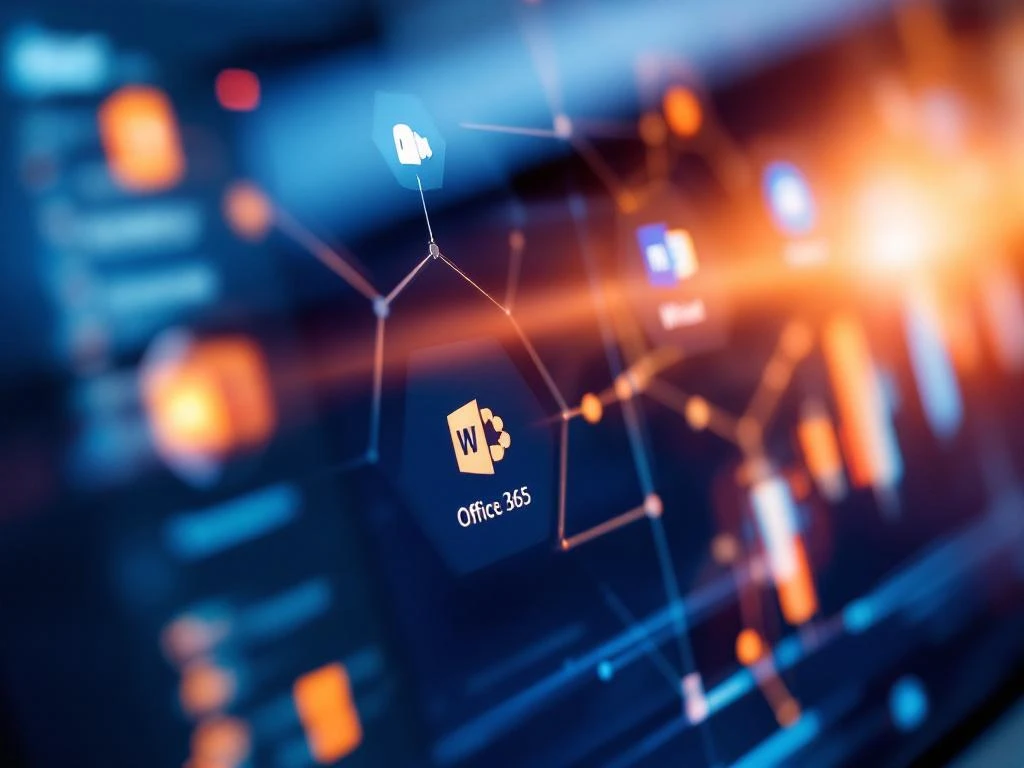 Computer scherm toont SharePoint interface met zeshoekige tegels en geïntegreerde Office 365 apps zoals Teams en Word