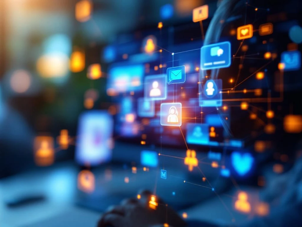 SharePoint dashboard op computerscherm met zwevende holografische ondersteuningspictogrammen in Microsoft-kleuren