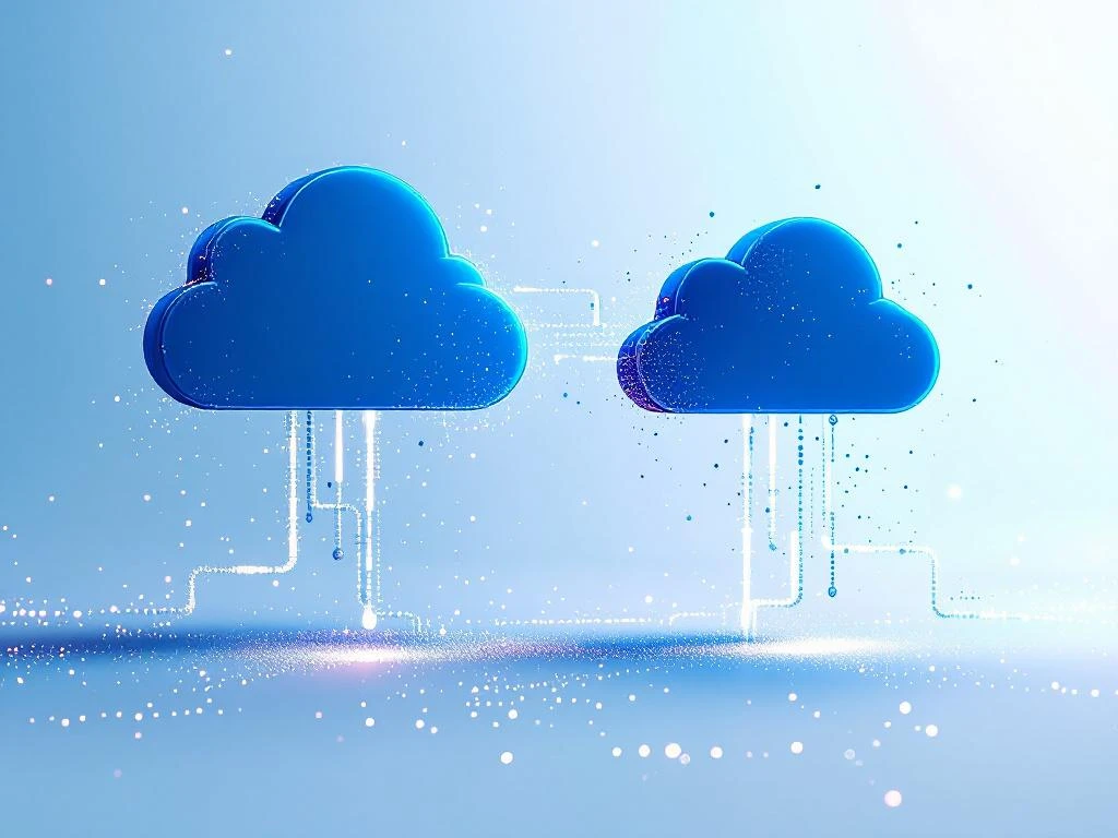 Twee zwevende cloud-opslag iconen, SharePoint en OneDrive, verbonden door gloeiende datastromen die synchronisatie tonen