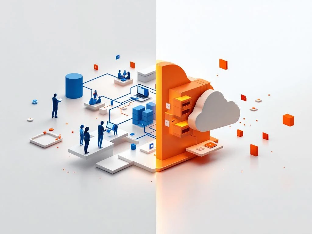 SharePoint en OneDrive vergelijking: blauwe samenwerkingsruimte links, oranje persoonlijke cloudopslag rechts