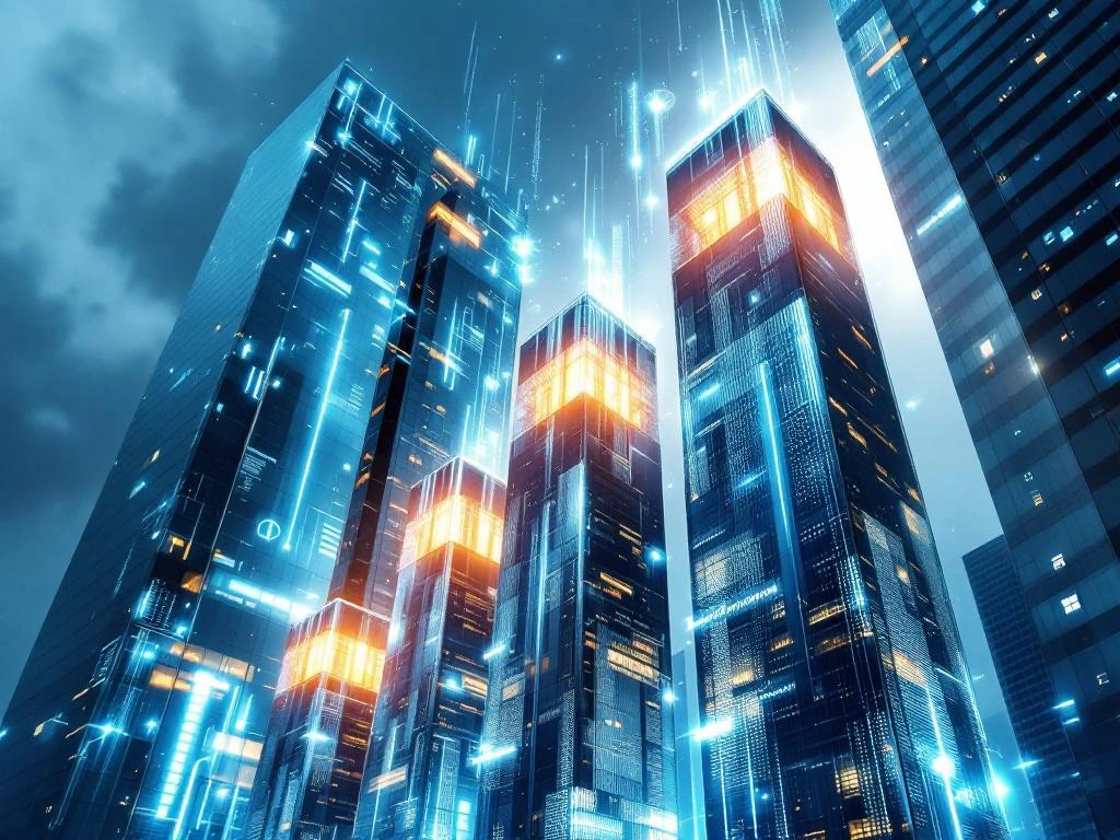 Moderne kantoorgebouwen met blauwe digitale datastromen en SharePoint-interface elementen in glazen gevels, verticale groei