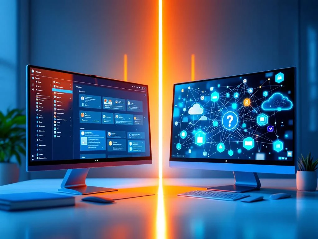 Split-screen vergelijking van SharePoint interface links en intranet ecosysteem rechts met vraagteken symbool