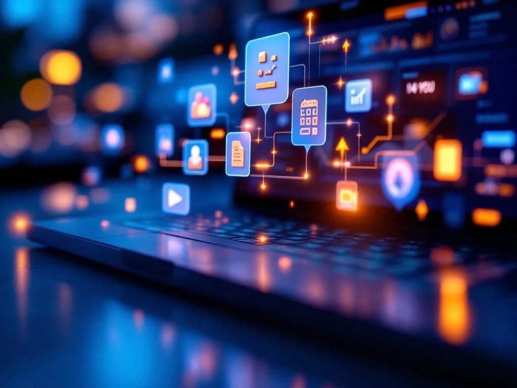 Computermonitor toont Microsoft Teams interface geïntegreerd met intranet dashboard, met 3D digitale elementen en blauwe verlichting