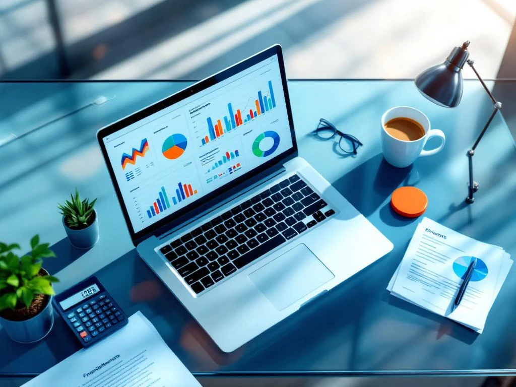 Laptop met financiële dashboard op glazen bureau omgeven door documenten, rekenmachine en koffiekopje