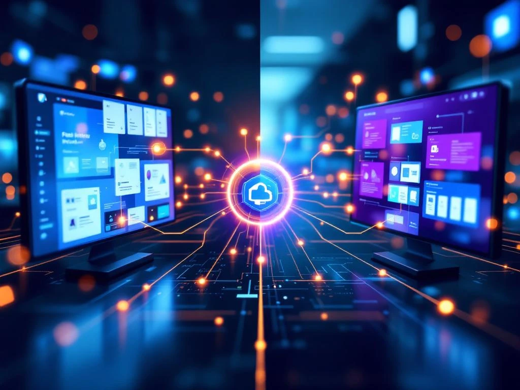 Split-screen weergave van Fresh Intranet en Microsoft SharePoint platforms verbonden door gouden datastromen