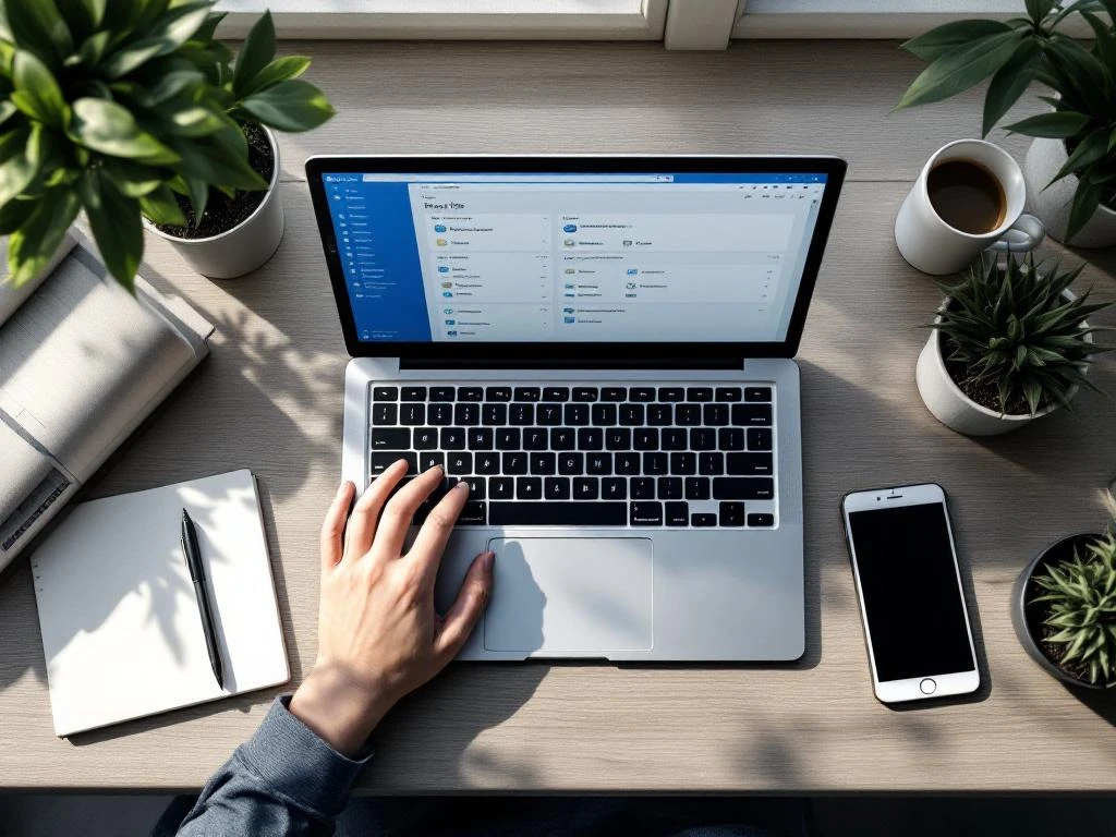 Laptop met SharePoint-interface op modern bureau, omringd door koffiekop en kantoorbenodigdheden, bovenaanzicht
