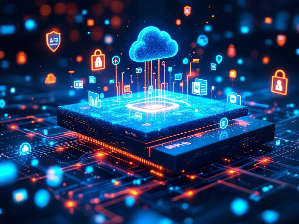 Fresh Intranet interface geïntegreerd met SharePoint platform, verbonden door blauwe datastromen in professionele IT-werkruimte