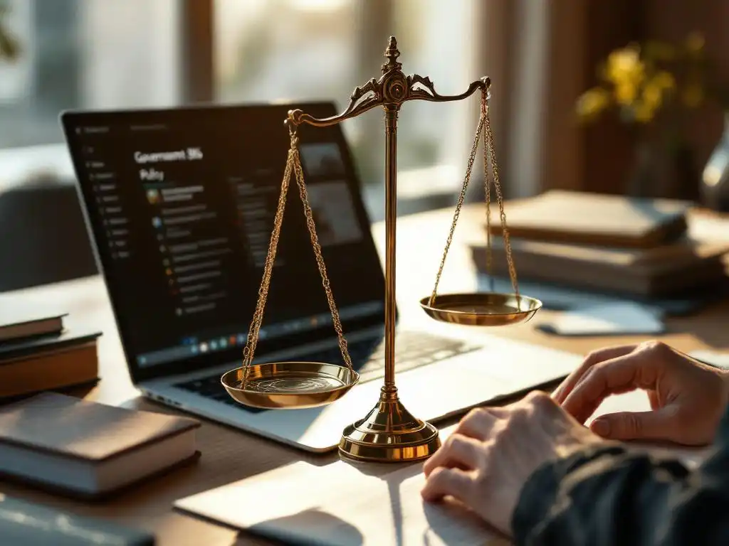 Weegschaal met AI-circuits en juridische documenten op bureau naast Microsoft Surface laptop met Office 365 interface