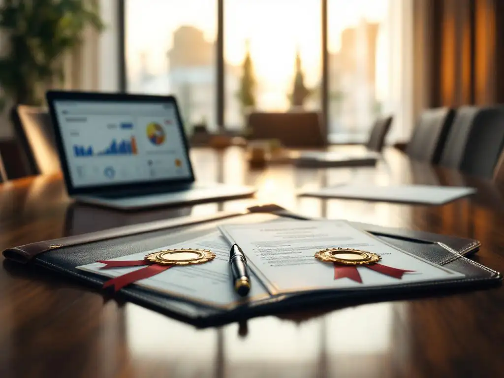 Open leren portfolio met officiële certificeringsdocumenten en gouden zegels op houten vergadertafel met laptop
