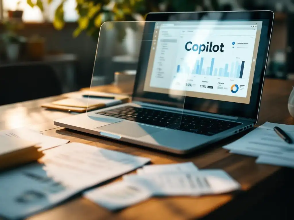 Moderne laptop met Copilot-interface op houten bureau omringd door documenten en mappen met glazen beschermschild
