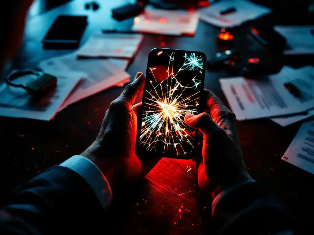 Zakelijke handen houden gebarsten smartphone vast met gevoelige data, verspreid over donkere conferentietafel met documenten