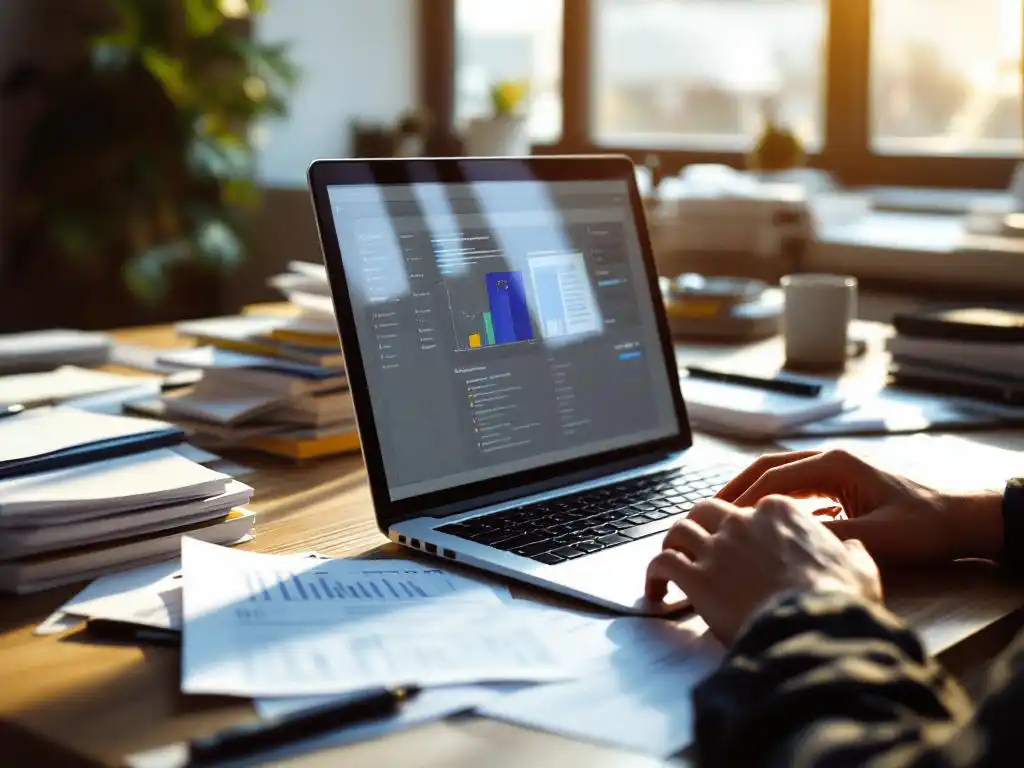 Professional werkt aan laptop met digitaal documentbeheersoftware, EU-regelgevingsdocumenten en papieren op bureau