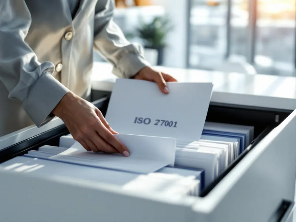 Zakenvrouw organiseert ISO 27001 nalevingsdocumenten in moderne kantooromgeving met natuurlijk licht