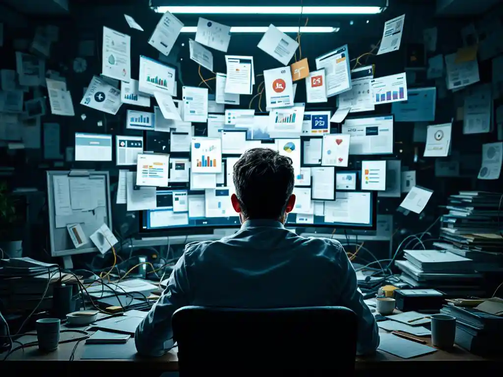 Gefrustreerde zakelijke professional kijkt naar chaotisch computerscherm met overlappende Microsoft 365 vensters en rommelig bureau