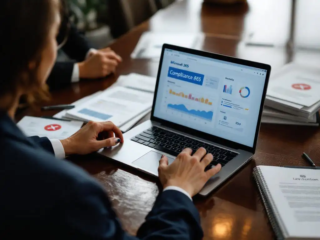 Zakenvrouw bekijkt Microsoft 365 compliance dashboard op laptop omringd door medische, financiële en juridische documenten
