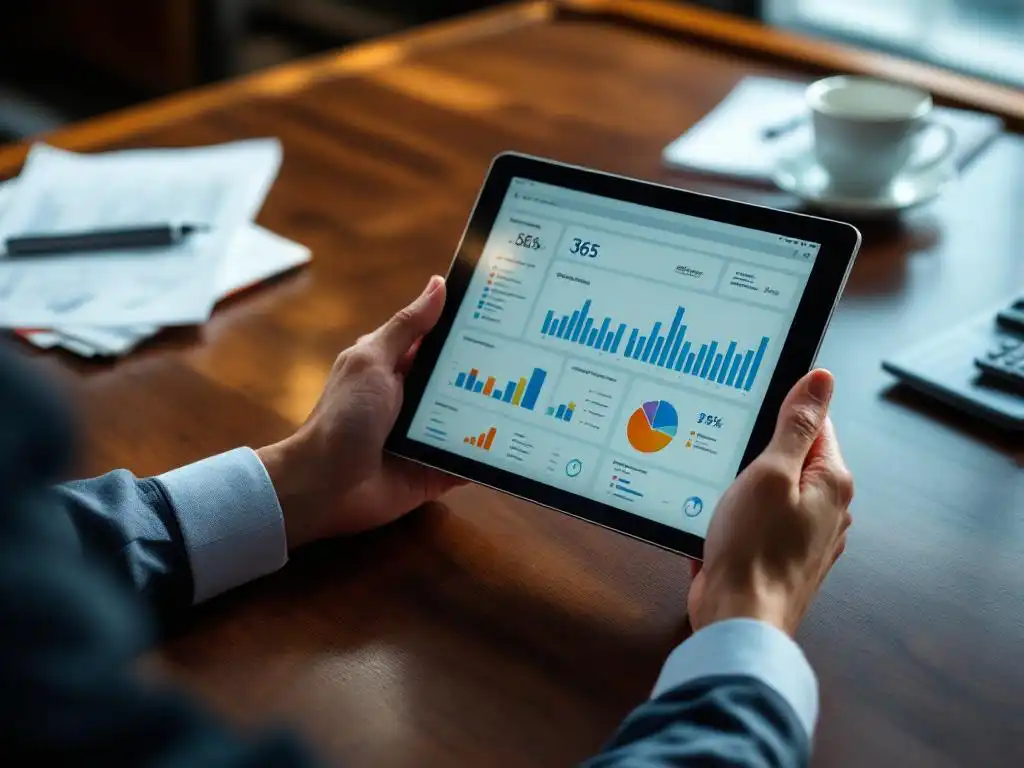 Bedrijfsanalist houdt tablet met Microsoft 365 dashboard vast boven bureau met financiële documenten en calculator