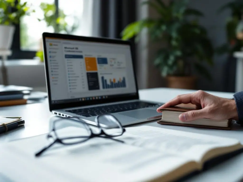 Microsoft 365 laptop toont dashboard op modern bureau naast opengeslagen compliance handboek met leesbril