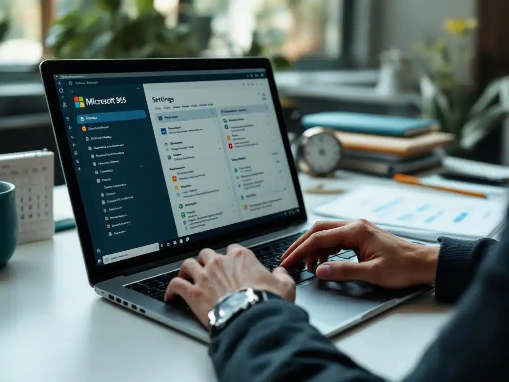 Zakelijke handen die Microsoft 365 instellingen aanpassen op laptop, georganiseerde documenten op wit bureau