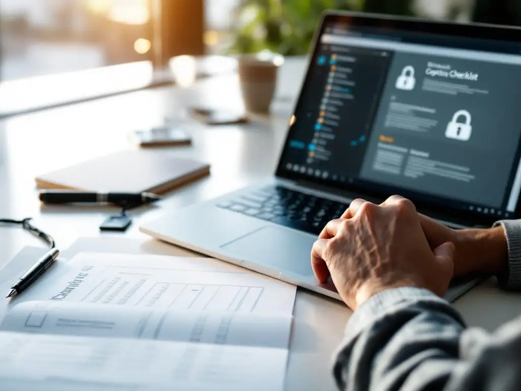 Professionele handen typen op laptop met Microsoft Copilot interface, compliance checklist en beveiligingsbadge op bureau