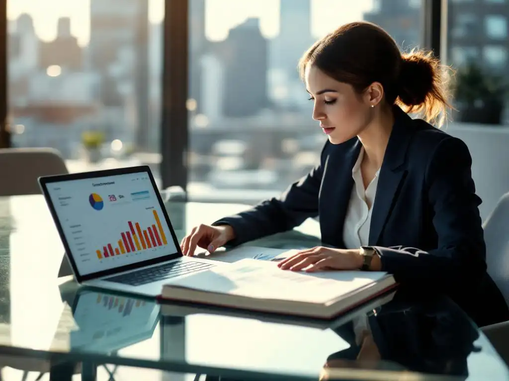 Zakenvrouw bestudeert compliance documenten aan moderne vergadertafel met laptop dashboard in kantoor